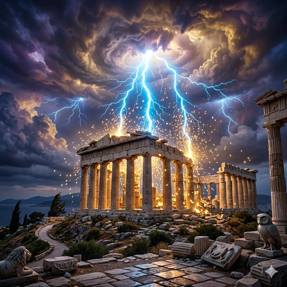 Partenón bajo rayos — temática Gates of Olympus