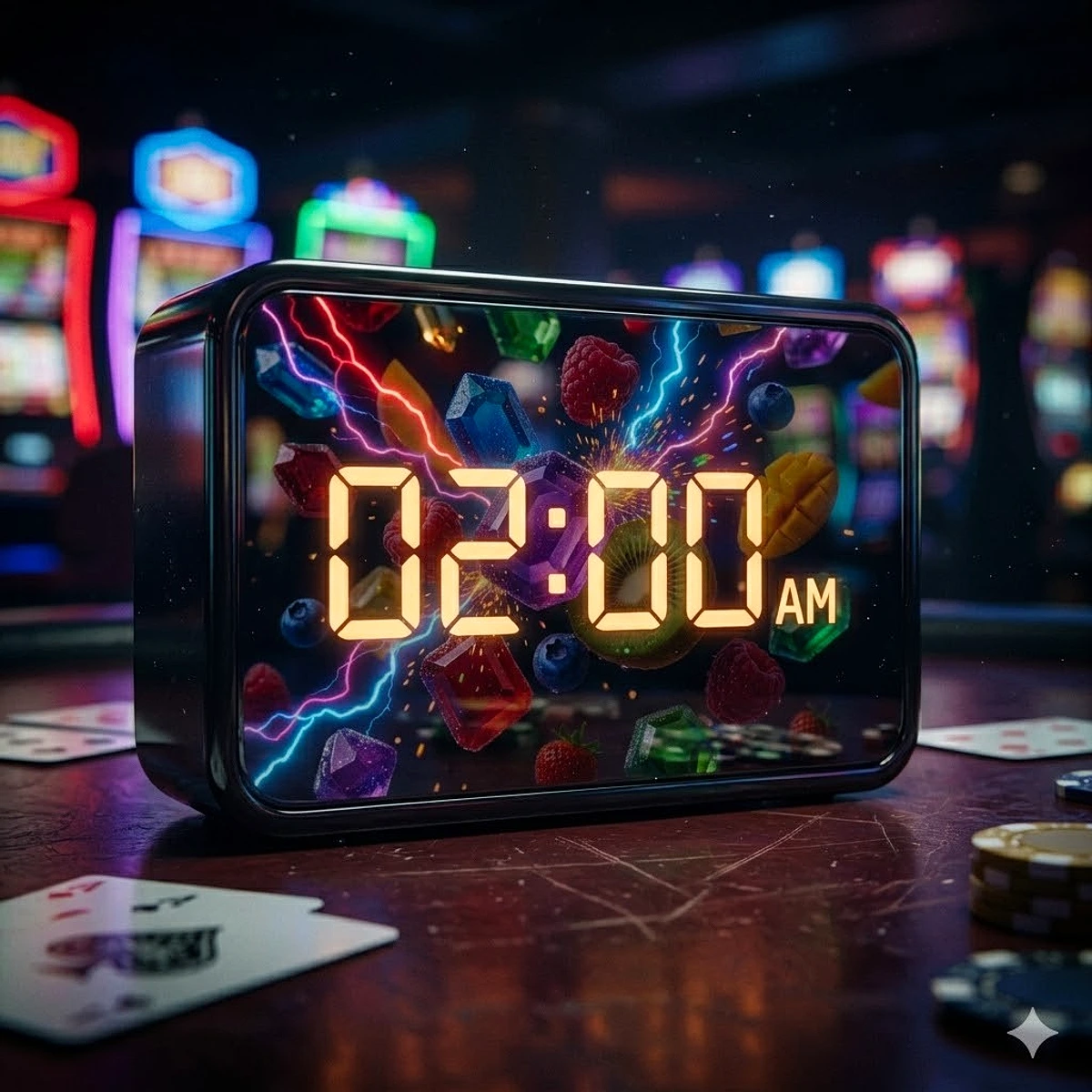Reloj digital 02:00 en mesa de casino — mejores horas para jugar